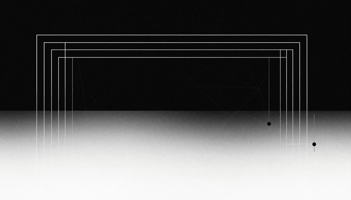 Abstract monochrome graphic with a sharp horizontal split, nested vector rectangles, and two connected black dots