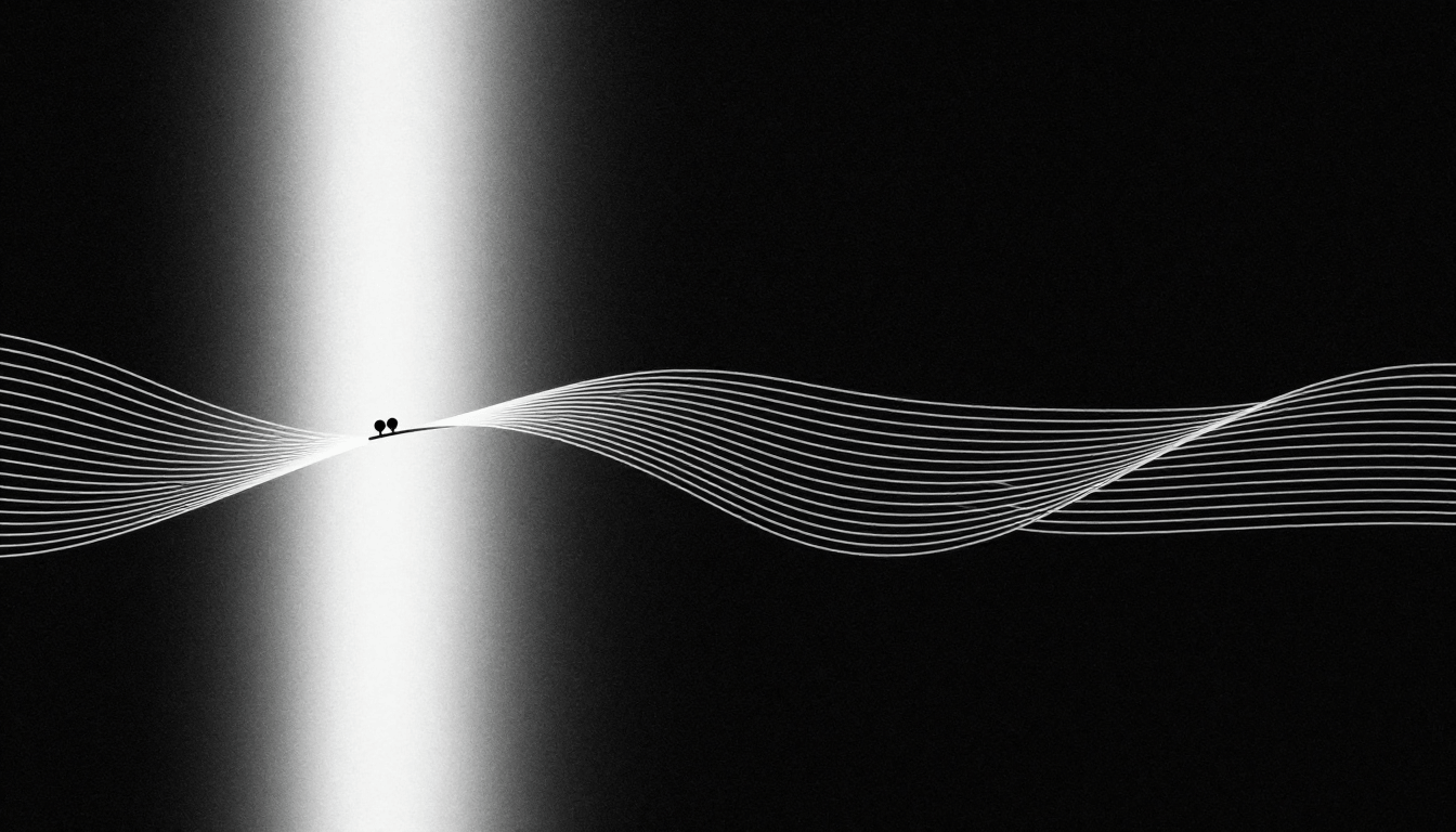 Abstract monochrome grid of overlapping sine waves with two black dots at a lower-right junction